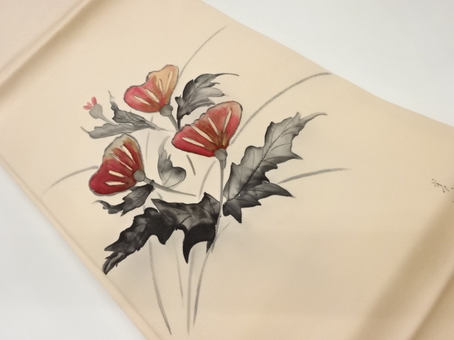 作家物　塩瀬手描き花葉模様名古屋帯